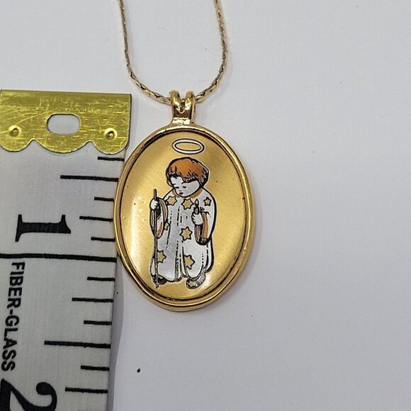 Vintage Signed First Christmas Angel Pendant Berta Hummel Gold Tone Necklace - Picture 7 of 10